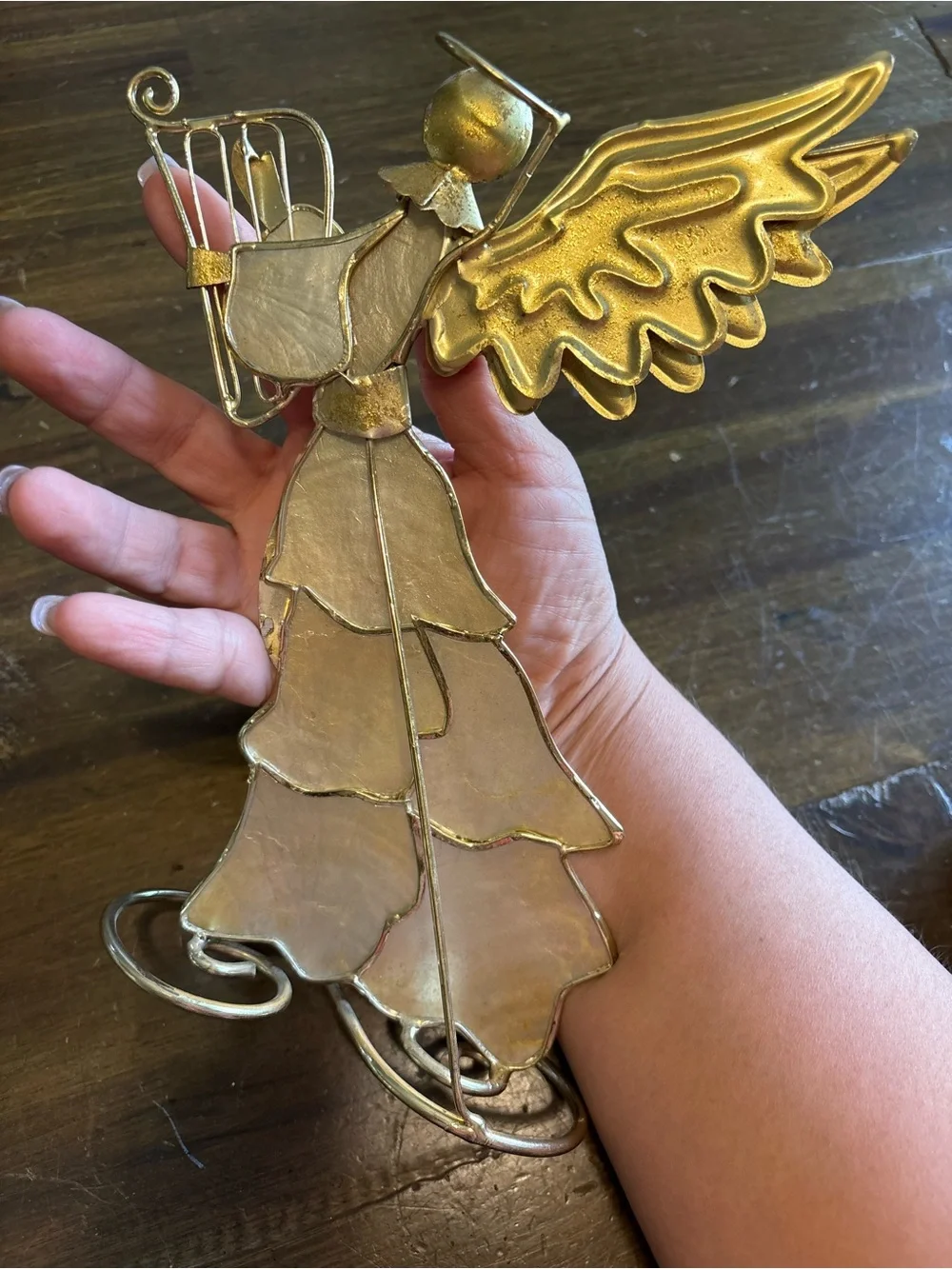 Vintage Holiday Capiz Shell Angel Gold Set 2 Harp Christmas Iridescent Whimsy